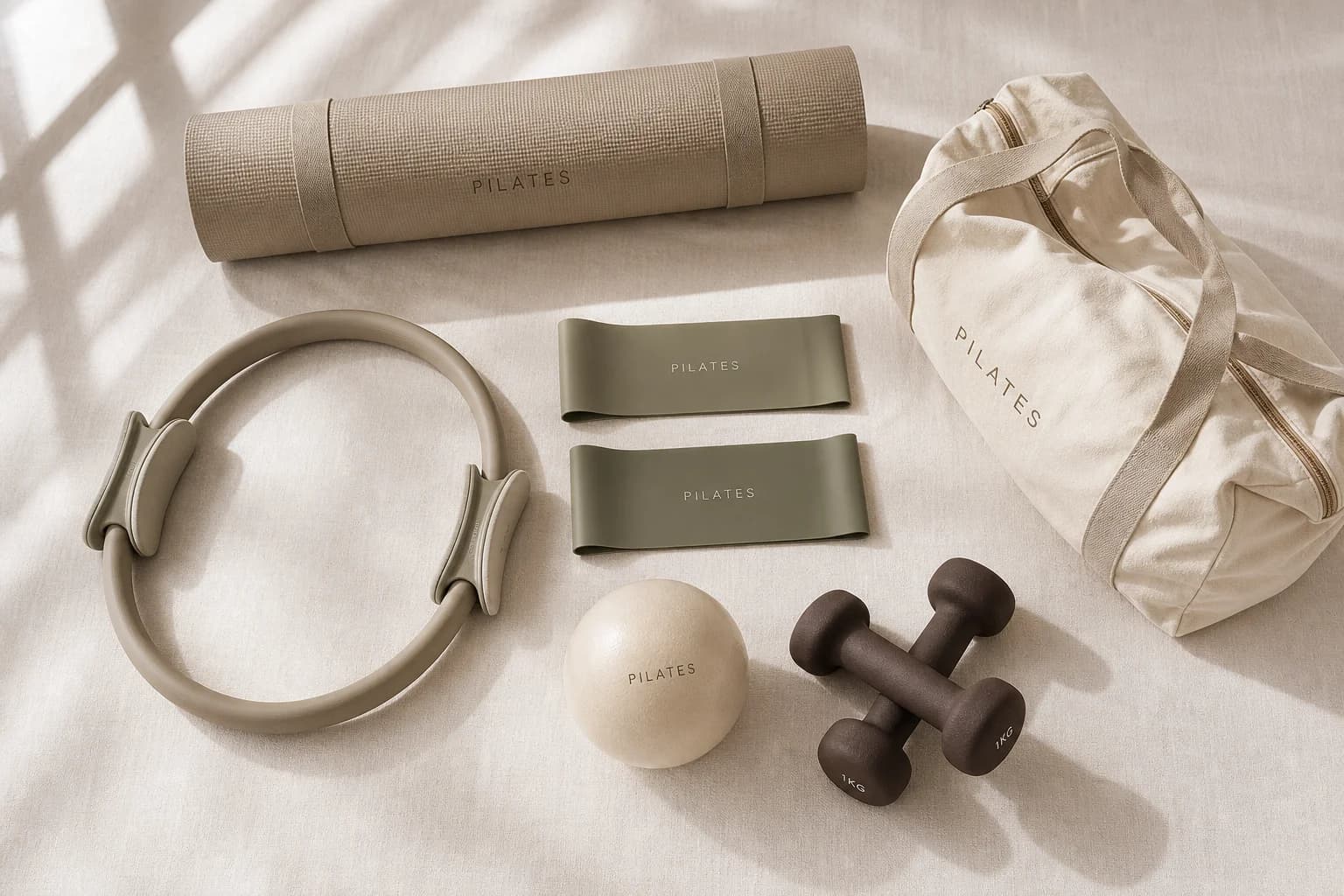 Overhead flat-lay of the complete Pilates kit — mat, ring, bands, ball, weights and carry bag