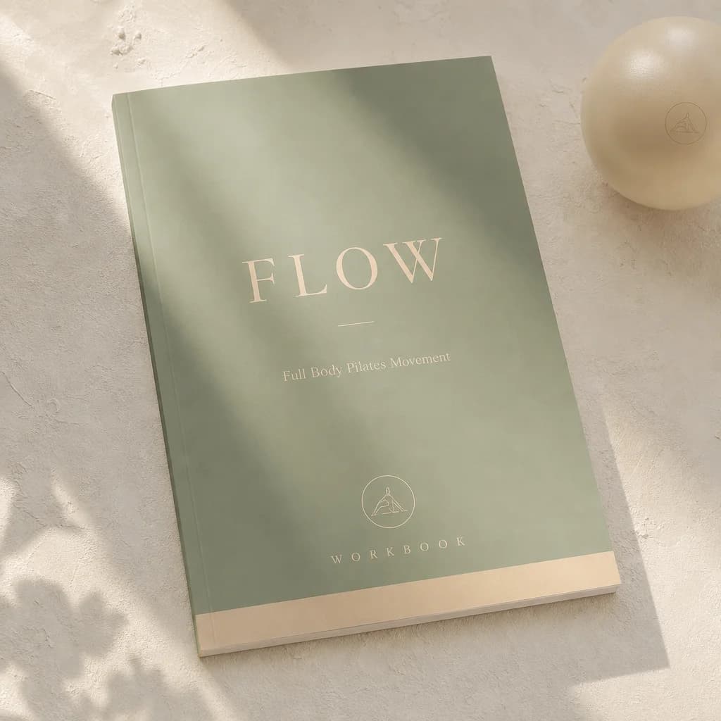 Printed workbook for FLOW, the Avyelle full body Pilates course at home, photographed in warm daylight