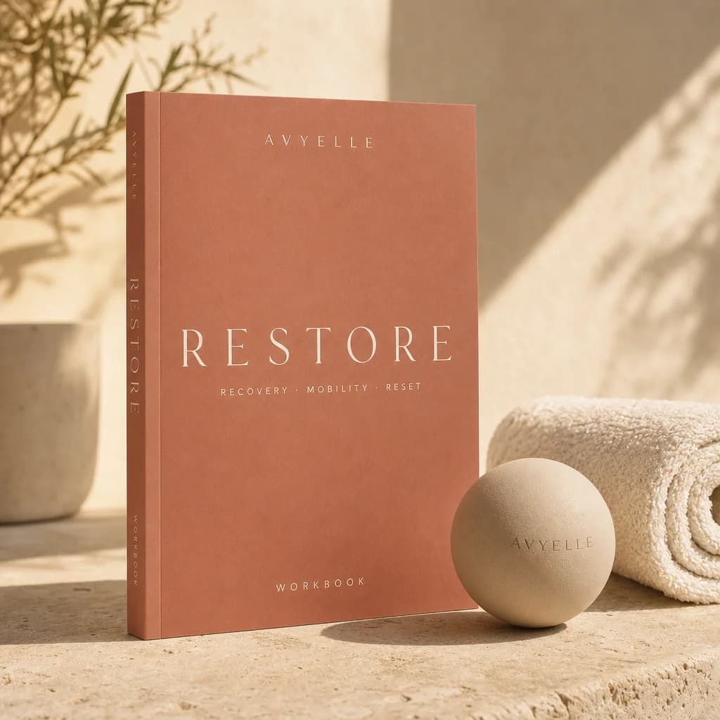 Printed workbook for RESTORE, the Avyelle restorative Pilates recovery course, photographed in warm daylight